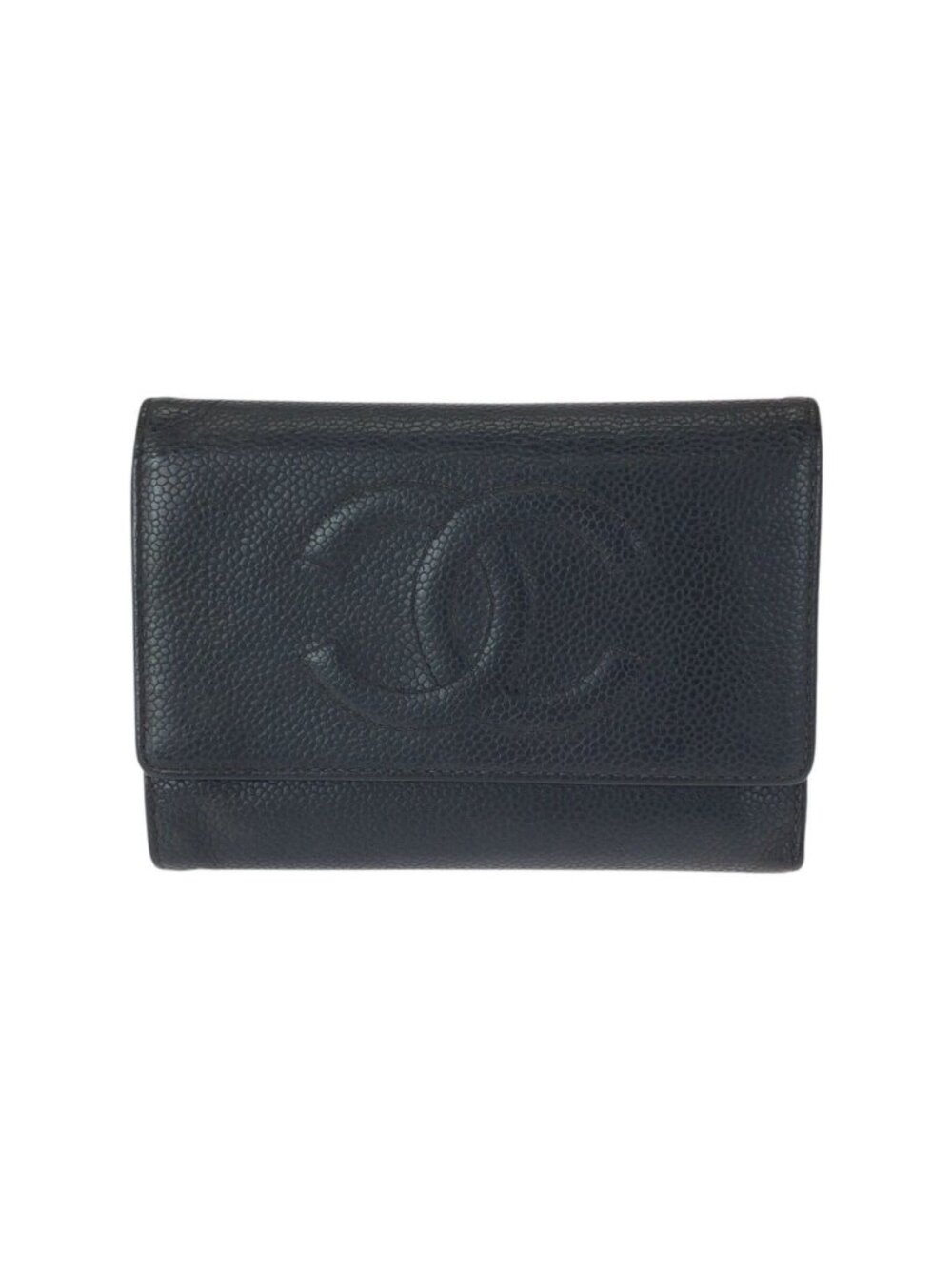 Chanel Vintage CC Logo Black Gold Caviar Leather Fold Wallet Compact